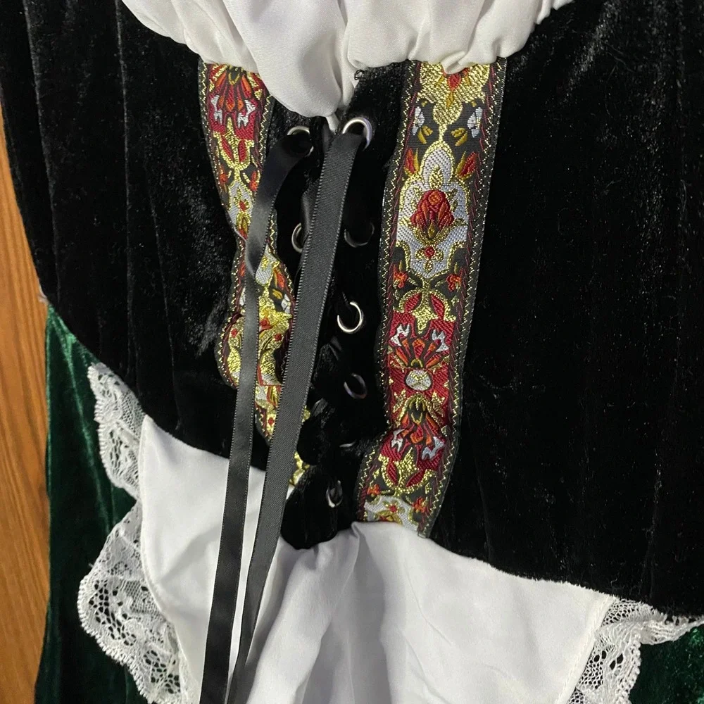 German Dirndl Costume Kids Size Medium Green Black Velvet Lace Trim